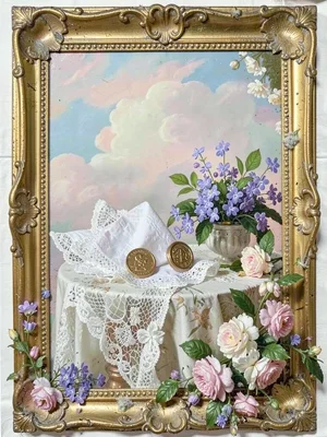 Lace handkerchief folded beside a small bouquet of violets and a wax seal stamp