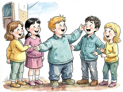 Boy proudly presenting to friends
