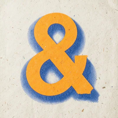 A large typographic ampersand in fluorescent orange with a blue halftone shadow