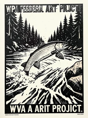 A salmon leaping upstream over white rapids, spray frozen in mid-air, pine fores