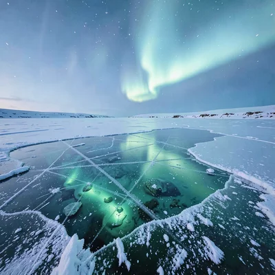 Arctic conditions photograph, extreme cold environment, Northern lights reflecte