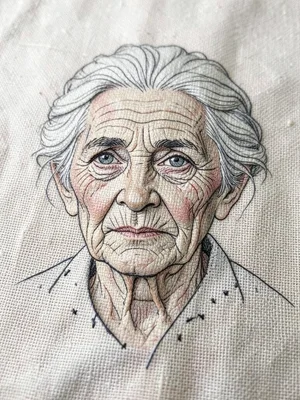 An elderly woman's weathered face in detailed crewelwork, every wrinkle a carefu