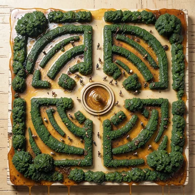 A bird's-eye view of a garden maze with a fountain at the center, rendered in en