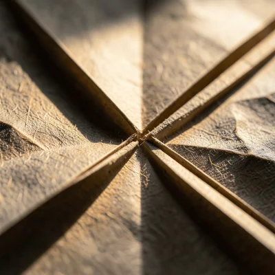 Valley fold intersection on Japanese washi paper, long kozo fibers spanning the 