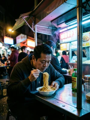 Person eating noodles alone at street stall, warm tungsten vs cool neon contrast