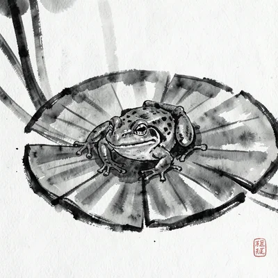 Frog lily pad sumi-e