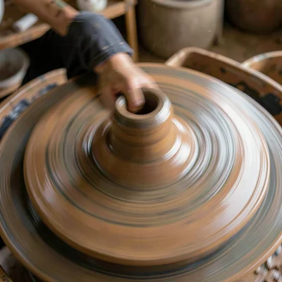 Spinning pottery wheel with clay becoming radial blur of brown earth tones