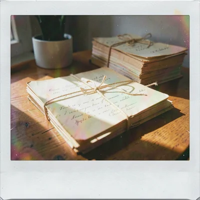 Expired Polaroid instant film photograph, Stack of old letters tied with ribbon 