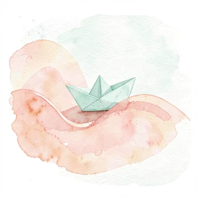 small folded paper boat in pale mint floating on a soft-coral wave shape, gentle