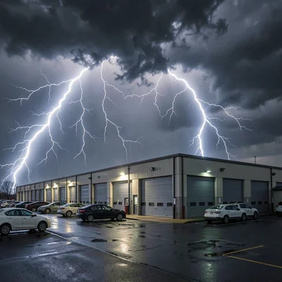 A dramatic lightning storm over a self-storage facility complex