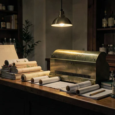 Cluttered counter with brass register, rolled papers and a single pendant lamp,