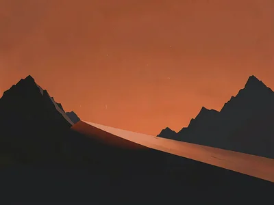 Cloudless rust-orange evening sky frames a high pass between charcoal peaks, low