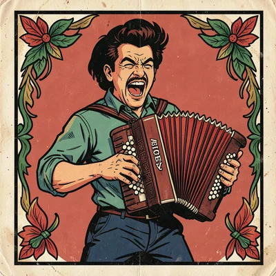 Mexican lotería card illustration, a musician playing accordion with passionate 