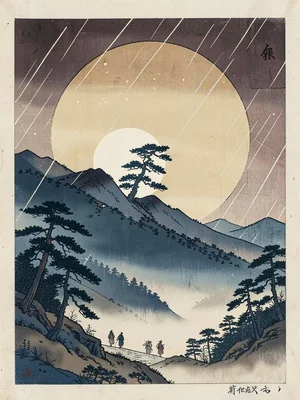 Full moon rising behind a mountain ridge, a single pine silhouette breaking the 