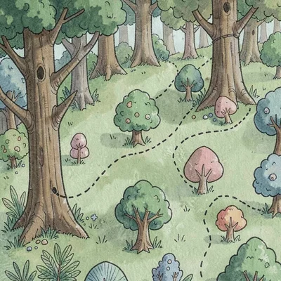 Map detail of a forest with whimsical tree-icons and trail dots