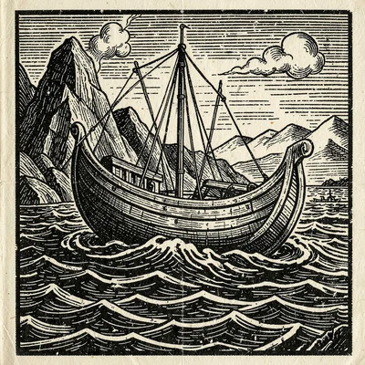 Biblical flood with ark on waters