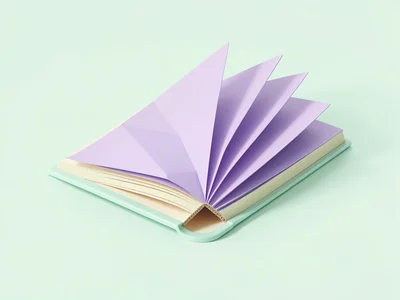 Open cream lowpoly book lying flat with lavender pages fanned in chunky polygons