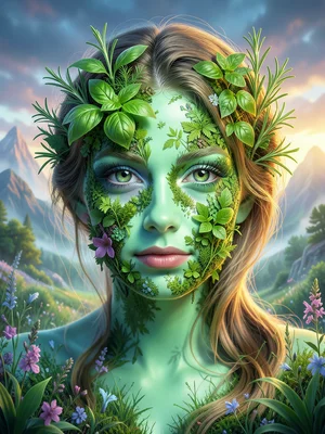 Woman's face made of fresh herbs and greens — basil eyes, rosemary hair, mint sk
