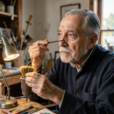 A patient Iranian miniature-painter in his sixties dotting a single eye with a f