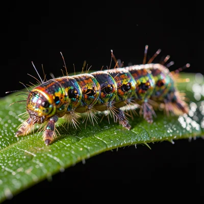 A caterpillar on a leaf, its body segments and tiny prolegs visible, fine hairs 
