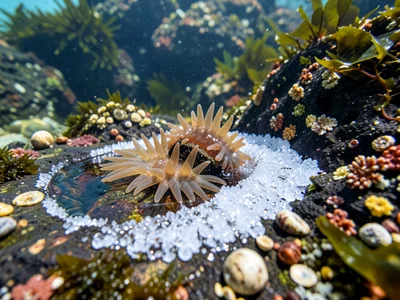 Evaporating puddle edge, salt crystal ring forming where water recedes, mineral 
