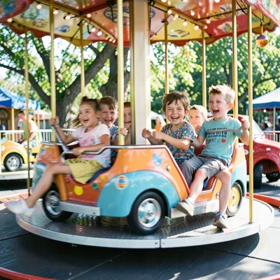 Kids on a spinning playground carousel, their joy centrifuged