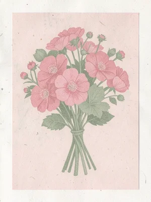 Flower bouquet illustration in two-color riso, warm pink and sage green