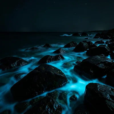 Rocks in bioluminescent bay — dark rocks at water level with glowing blue water 