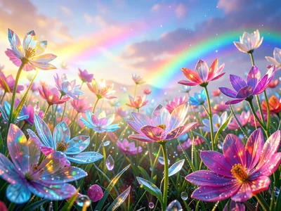 Field of glass flowers catching and refracting rainbow light, crystal petals, mo