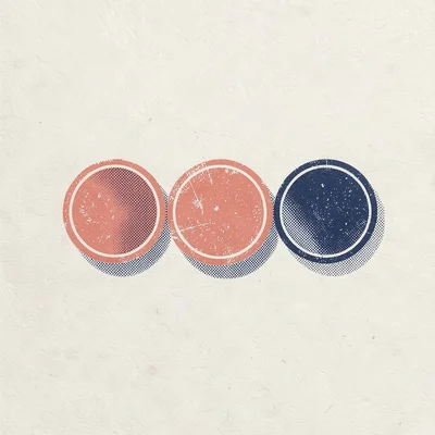 Two-color screenprint motif of three rubber stamps in coral and navy with halfto
