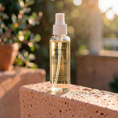 Warm vertical of a tall glass bottle of after-sun oil on a coral plaster ledge,