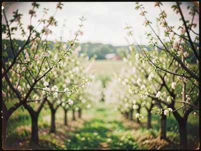 Vintage lens rendering of orchard