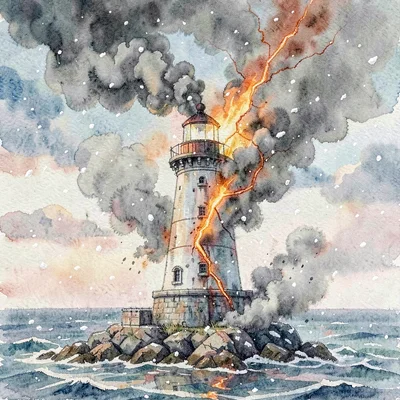 The Tower as a smoking lighthouse split by a violent crack of orange flame, ash 