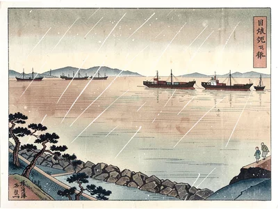 Harbor port at dawn — cargo vessels ranked in distance, breakwater in the foregr