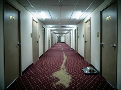 A hotel corridor stretching into infinity, identical doors on both sides numbere