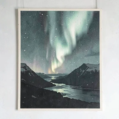 Two-color riso poster of a stylized aurora ribbon over a dark fjord, dusty teal 