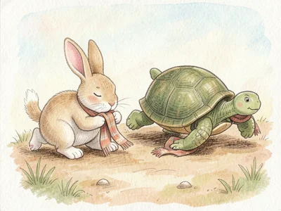 A rabbit and a turtle racing, the turtle already at the finish line knitting a s