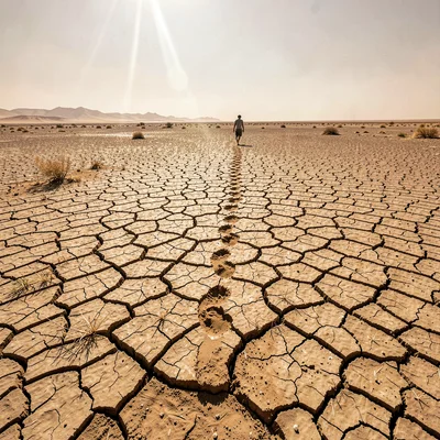 Desert environment photograph, extreme heat conditions, Cracked mud flats stretc