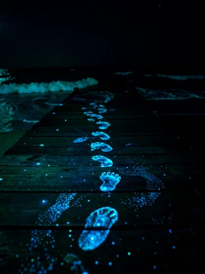 Wet footprints on dark boardwalk — traces of bioluminescent water left by wet fe