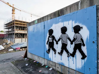Three children holding hands, walking, stencilled on a blue-painted hoarding bes