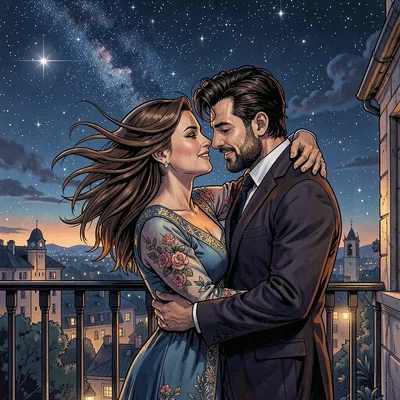 Lovers on balcony under stars