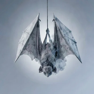 Cool smoky lowpoly bat hanging upside-down with wings folded as sharp grey plane