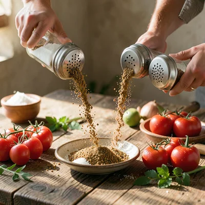 Salt and pepper shakers pouring sideways, streams of seasoning horizontal