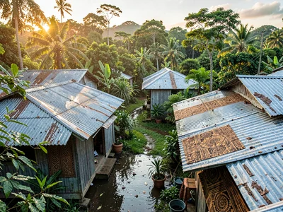 Open-air fale life in Samoa after rain, Corrugated iron roofs of a village catch