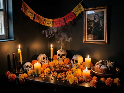 Home altar glowing in dark room wide shot