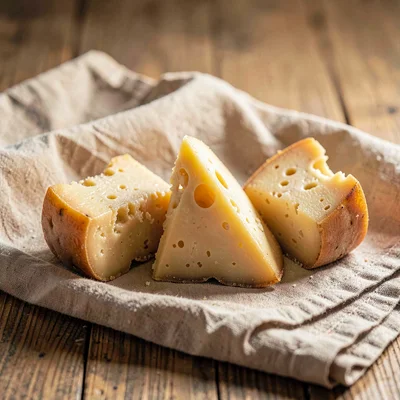 Tabletop hero of three cheese wedges arranged on folded linen, soft warm sidelig