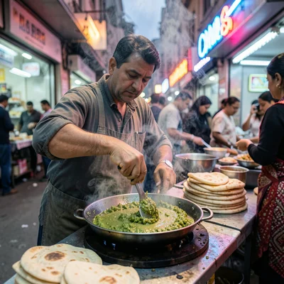 A falafel vendor in Cairo, forming and frying the green mixture in a deep pan, p