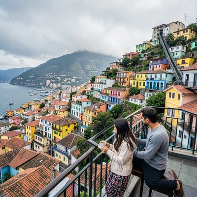 Valparaiso hillside color, painted houses climbing, Young couple sharing mate on