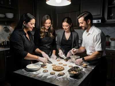 Group baking Christmas cookies together in kitchen, flour, cutters, icing