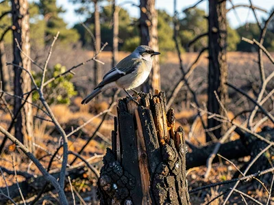 Bird perched on burned snag surveying recovery